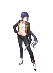 1girl black_gloves black_jacket black_pants black_shoes blue_hair breasts chest_sarashi closed_mouth closers collarbone dagger eunha_(closers) expressionless full_body glint gloves green_eyes hand_on_own_hip high_heels highres holding holding_dagger holding_knife holding_weapon jacket knife long_hair long_sleeves looking_at_viewer low_ponytail navel official_art open_clothes open_jacket pants ponytail sarashi shoes simple_background small_breasts solo standing stomach very_long_hair weapon white_background