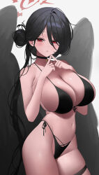Rule 34 | 1girl, absurdres, bikini, black bikini, black choker, black hair, black wings, blue archive, blush, breasts, choker, cleavage, commentary, front-tie bikini top, front-tie top, hair between eyes, hair bun, halo, hands up, hasumi (blue archive), hasumi (swimsuit) (blue archive), highres, large breasts, long hair, looking at viewer, low wings, myao (o3o333), navel, official alternate costume, parted lips, red eyes, red halo, side-tie bikini bottom, sideboob, simple background, single hair bun, solo, stomach, swimsuit, white background, wings