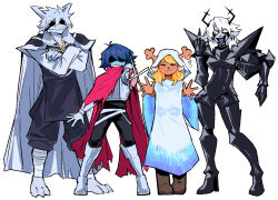 1boy 1other 2girls animal_ears armor asriel_dreemurr asriel_dreemurr_(god_of_hyperdeath) black_horns blue_hair breastplate cape closed_eyes crossed_arms december_holiday deer_ears deer_girl deltarune design_speculation facial_mark facing_viewer full_body furry furry_female furry_male goat_horns greaves group_picture heartbreak_juan holding holding_sword holding_weapon hood hood_up hooded_robe horns horns_through_hood kris_(dark_world)_(deltarune) kris_(deltarune) middle_finger multiple_girls noelle_holiday noelle_holiday_(dark_world) open_mouth pauldrons pink_cape robe short_hair shoulder_armor siblings simple_background sisters smile standing sword tongue tongue_out weapon white_background white_cape white_hair white_robe