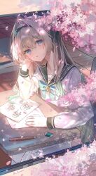 Rule 34 | 1girl, black hairband, bow, bowtie, cherry blossoms, collarbone, commentary request, desk, doodled object, eraser, facing viewer, falling petals, firefly (honkai: star rail), firefly (spring missive) (honkai: star rail), gradient hair, green bow, green bowtie, green hair, grey hair, grey sailor collar, hair intakes, hairband, highres, honkai: star rail, honkai (series), long hair, long sleeves, looking outside, looking to the side, luna (luna610), multicolored hair, official alternate costume, paper, parted lips, pencil, petals, plaid bow, plaid bowtie, plaid clothes, purple eyes, sailor collar, school desk, school swimsuit, shirt, sitting, solo, swimsuit, twitter username, two-tone hair, white shirt, window