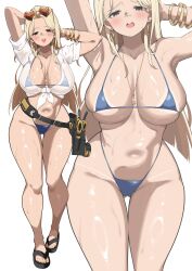 1girl absurdres arms_behind_head bandaid bandaid_on_face bandaid_on_nose bikini blue_bikini blue_eyes blunt_ends blush bracelet breasts cameltoe centi_(nikke) centi_(ocean_repair)_(nikke) collarbone commentary_request curvy eyewear_on_head feet gluteal_fold goddess_of_victory:_nikke heart heart-shaped_eyewear highres jewelry large_breasts long_hair micro_bikini multiple_views navel neck necklace official_alternate_costume open_mouth parted_bangs partially_undressed sandals screwdriver shirt sideboob simple_background sleeves_rolled_up smile stomach sunglasses sweat swimsuit tape_measure thigh_gap thighs tied_shirt toes toolbox underboob white_background white_shirt wrench yabai_gorilla zoom_layer