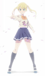 1girl anime_screenshot black_socks blazer blonde_hair blue_skirt blush bow bowtie breasts bright_background cherry_blossoms closed_mouth collared_shirt dot_nose falling_petals female_focus full_body green_eyes highres hoshizaki_rika_(kanojo_mo_kanojo) jacket kanojo_mo_kanojo large_breasts legs long_hair long_sleeves miniskirt orange_bow orange_bowtie petals pleated_skirt pointing pointing_at_viewer school_uniform shirt shirt_tucked_in shoes skirt socks solo solo_focus stitched thighs third-party_edit twintails white_shirt white_shoes