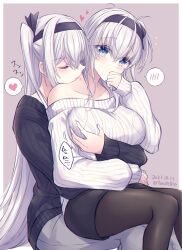 2girls alternate_costume black_hairband black_pantyhose black_skirt black_sweater blue_eyes breast_hold breasts closed_eyes commentary_request feet_out_of_frame fuyutsuki_(kancolle) grey_background groping hairband heart highres kabocha_torute kantai_collection large_breasts long_hair multiple_girls one_side_up pants pantyhose ribbed_sweater simple_background skirt spoken_blush spoken_heart suzutsuki_(kancolle) sweater very_long_hair white_hair white_pants white_sweater yuri