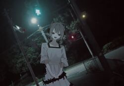 1girl blurry blurry_background colored_tongue crosswalk dress grey_hair half-closed_eyes highres interlocked_fingers leaning_to_the_side luo_tianyi night si_(wooupp) smile solo traffic_light white_dress
