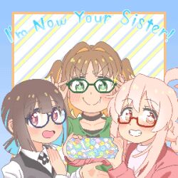 +_+ 3girls :d ahoge bespectacled black-framed_eyewear black_choker blue_eyes blunt_bangs blunt_ends braid brown_eyes brown_hair c: choker collarbone colored_inner_hair commentary_request copyright_name english_text fang fang_out genderswap genderswap_(mtf) glasses green-framed_eyewear green_eyes grin hair_between_eyes hair_intakes hands_on_eyewear hozuki_momiji kofumi_all light_blush long_hair looking_at_viewer multicolored_hair multiple_girls oka_asahi onii-chan_wa_oshimai! open_mouth orange_hair oyama_mahiro pink_hair pixel_art ponytail red-framed_eyewear round_eyewear semi-rimless_eyewear short_hair short_ponytail smile sparkle teeth two-tone_hair two_side_up under-rim_eyewear v-shaped_eyebrows