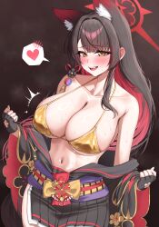 1girl absurdres animal_ears bare_shoulders bikini black_flower black_gloves black_kimono black_nails blue_archive blush bouncing_breasts breasts brown_hair cleavage clothes_pull embarrassed eyeshadow fangs fingerless_gloves floral_print floral_print_kimono flower fox_ears fox_girl fox_tail gloves gradient_hair gyu_chul hair_flower hair_ornament halo heart highres hip_focus huge_breasts japanese_clothes kimono kimono_pull large_breasts long_hair makeup midriff motion_lines multicolored_hair navel nervous presenting print_kimono pulling_own_clothes red_eyeshadow red_hair shy solo spoken_blush spoken_heart stomach swimsuit tail two-tone_hair very_long_hair wakamo_(blue_archive) wide_sleeves yellow_bikini yellow_eyes yellow_halo