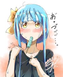 1girl black_shirt blue_hair blush bow character_request commentary_request copyright_request dated fanning_self food food_in_mouth hair_bow highres hot kuuneru514 long_hair looking_up popsicle popsicle_in_mouth shirt shirt_tug sidelocks signature solo summer sweat translation_request upper_body yellow_eyes