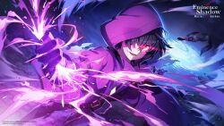 1boy artist_request black_coat black_hair boots clenched_hand coat copyright_name copyright_notice gloves glowing glowing_eyes hair_over_one_eye highres hood hooded_coat kage_no_jitsuryokusha_ni_naritakute! kage_no_jitsuryokusha_ni_naritakute!_master_of_garden magic official_art open_mouth red_eyes shadow_(cid_kagenou) short_hair smile