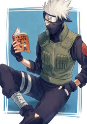Rule 34 | 1boy, absurdres, black eyes, blue background, blue gloves, book, fingerless gloves, flak jacket, forehead protector, gloves, grey hair, hand in pocket, hatake kakashi, highres, holding, holding book, jacket, konohagakure symbol, looking at viewer, male focus, mask, mouth mask, naruto (classic), naruto (series), ninja, ninja mask, oomura saki, short hair, solo, spiked hair