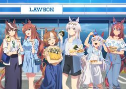 6+girls :d ahoge animal_ears anime_coloring bag belno_light_(umamusume) black_shorts black_skirt blue_dress blue_eyes blue_pants blue_shirt blue_skirt brown_eyes brown_hair collared_dress commentary_request copyright_logo copyright_name crosswalk day denim desert dress eating floral_print_shirt food grey_hair high-waist_pants highres horse_ears horse_girl horse_tail jeans lawson long_hair long_skirt long_sleeves looking_at_another looking_at_viewer maruzensky_(umamusume) multicolored_hair multiple_girls off-shoulder_shirt off_shoulder official_art oguri_cap_(umamusume) onigiri open_mouth outdoors overall_shorts overalls pants purple_eyes see-through_clothes see-through_shirt shirt short_dress short_hair short_sleeves shorts shoulder_bag skirt smile standing storefront super_creek_(umamusume) symboli_rudolf_(umamusume) t-shirt tail takoyaki tamamo_cross_(umamusume) umamusume umamusume:_cinderella_gray