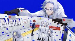 6+boys ahoge aotsuki_eito black_gloves black_hair blood blue_eyes commentary english_text error_message full_body giant glasses gloves grin hood hoodie jacket japanese_text long_sleeves messy_hair multicolored_hair multiple_boys multiple_expressions pool_of_blood red_hair size_difference smile standing streaked_hair sumino_takumi the_hundred_line_-last_defense_academy- translation_request upper_body white_hair white_hoodie white_jacket