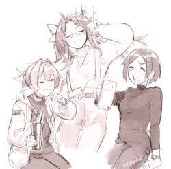 3girls breasts closed_eyes didloaded grey_hair highres kagerou_(kancolle) kantai_collection kuroshio_(kancolle) medium_hair monochrome multiple_girls open_mouth orange_hair pink_hair shiranui_(kancolle) small_breasts smile twintails