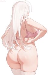 1girl ahoge ass bottomless bra breasts curvy from_behind highres huge_ass iwbitu large_breasts long_hair nyopu original pink_bra simple_background solo thighhighs underwear undressing white_background white_hair white_thighhighs
