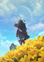 1girl black_boots blue_hair boots bouquet braid circlet cloud dated day fantasy female_focus field flower flower_field freesia_(flower) grave horns kionaoki long_hair looking_afar looking_up low-tied_long_hair moon original outdoors petals profile robe signature single_braid single_horn sky solo standing tombstone wind
