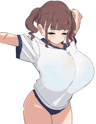 1girl arms_up blue_buruma blunt_bangs blush bra_visible_through_clothes breasts brown_hair buruma closed_eyes closed_mouth commentary_request cowboy_shot gym_shirt gym_uniform highres huge_breasts original osakana_(kitasisn) outstretched_arms revision shirt short_sleeves sidelocks simple_background solo sportswear stretching sugimori_futaba_(osakana) t-shirt twintails v-shaped_eyebrows white_background white_shirt