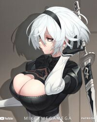 1girl 2b_(nier:automata) black_dress black_eyes black_gloves blue_eyes breasts cleavage dress feather-trimmed_sleeves feather_trim female_focus gloves grey_eyes hairband headband heattech_leotard highleg highleg_leotard highres juliet_sleeves large_breasts leotard long_sleeves mikeymegamega mole mole_under_mouth nier nier:automata nier_(series) no_blindfold parted_lips puffy_sleeves shadow short_hair solo solo_focus sword tagme turtleneck upper_body weapon white_hair
