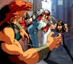 1990s_(style) 1993 3boys bandages_around_arms baseball_cap blonde_hair blood brown_hair chain denim fatal_fury fatal_fury_2 fight fighting fingerless_gloves gloves hat jacket jeans kicking knife mohawk multiple_boys oobari_masami orange_hair pants punk retro_artstyle terry_bogard