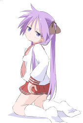Rule 34 | 1girl, absurdres, blush, commentary request, cynical (llcbluckg c004), from side, full body, hair between eyes, hair over shoulder, highres, hiiragi kagami, kneehighs, long hair, long sleeves, looking at viewer, lucky star, miniskirt, neckerchief, pink neckerchief, pleated skirt, purple eyes, purple hair, red sailor collar, red skirt, ryouou school uniform, sailor collar, school uniform, serafuku, shadow, shirt, simple background, skirt, socks, solo, twintails, very long hair, white background, white shirt, white socks