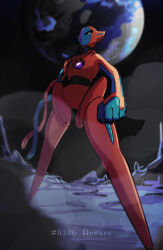 1other alien black_sclera blue_skin blurry blurry_background character_name chest_jewel clenched_hand colored_sclera colored_skin deoxys deoxys_(normal) dust earth_(planet) full_body gem gen_3_pokemon highres legs legs_apart looking_at_viewer lunar_surface multicolored_skin my_(my_6633) mythical_pokemon nintendo no_mouth other_focus outdoors planet pokedex_number pokemon pokemon_(creature) purple_gemstone red_skin solo space standing tentacles two-tone_skin white_eyes