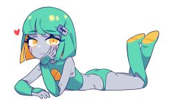 Rule 34 | 1girl, aqua bikini, aqua boots, aqua hair, arm support, arm warmers, ass, bikini, blonde hair, blunt bangs, blush, bob cut, boots, colored inner hair, colored skin, commentary, crop top, dot nose, flat chest, grey skin, hair ornament, hamma, heart, highres, looking at viewer, lying, mint star (hamma), multicolored hair, on stomach, shirt, simple background, sleeveless, sleeveless shirt, smile, swimsuit, symbol-only commentary, white background, yellow eyes