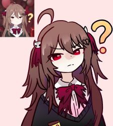 1girl ? bow bowtie brown_hair evil_neuro-sama hair_ornament highres long_hair looking_at_viewer neuro-sama non-web_source red_bow red_bowtie red_eyes vedal_ai white_background