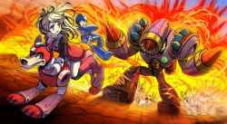 1girl android animal arm_cannon black_shirt blonde_hair blouse blue_eyes capcom dog explosion fire fleeing hair_ornament helmet jumping kiwakiwa long_hair long_sleeves looking_back mega_man_(character) mega_man_(classic) mega_man_(series) mega_man_5 napalm_man non-humanoid_robot one_eye_closed open_mouth ponytail riding robot robot_animal roll_(mega_man) rush_(mega_man) shirt weapon