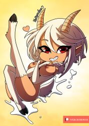 1girl brown_horns chibi chibi_only commentary_request completely_nude dark-skinned_female dark_skin full_body goat_girl goat_horns goat_tail grin highres hooves horizontal_pupils horns kinkymation looking_at_viewer monster_musume_no_iru_nichijou nipples nude patreon_username pointy_ears red_eyes saane_(monster_musume) satyr short_hair smile solo white_hair yellow_background