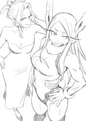 2girls animal_ears bare_shoulders boku_no_hero_academia breasts cleavage closed_mouth dress gloves greyscale lady_nagant long_eyelashes long_hair mana30row mirko monochrome multiple_girls rabbit_ears rabbit_girl rabbit_tail short_hair simple_background smile tail white_background