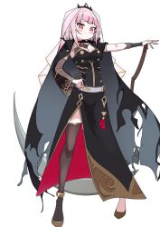 1girl absurdres belt black_cape black_thighhighs blunt_bangs blush_stickers breasts cape cleavage commentary detached_sleeves full_body hand_on_own_hip hashtag-only_commentary highres hololive hololive_english large_breasts legs_apart long_hair looking_at_viewer mori_calliope mori_calliope_(1st_costume) pink_hair red_eyes ritu_il scythe shoulder_spikes side_slit simple_background single_detached_sleeve single_thighhigh smile solo spikes standing thighhighs tiara veil virtual_youtuber white_background white_belt wide_sleeves