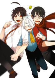 1other 3boys :3 youkai_gakkou_no_sensei_hajimemashita! abe_haruaki ahoge bead_bracelet beads black_hair blue_shirt blush bracelet brown_hair brown_shoes commentary hair_over_one_eye hatanaka_izuna highres horns interlocked_fingers jewelry locked_arms long_sleeves marshmallow_(ghoul_school) miki_rintarou multiple_boys necktie oni open_mouth red_eyes red_scarf red_shirt scarf shirt shoes simple_background smile striped_necktie surprised tanaka_mai white_background white_hair white_shirt youkai_gakkou_no_sensei_hajimemashita!