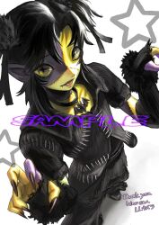 Rule 34 | 1girl, bat necklace, black nails, colored skin, commission, cross-shaped pupils, detached sleeves, fangs, fingernails, from above, hair ribbon, highres, llchimera, multicolored skin, original, parted bangs, pointy ears, purple skin, ribbon, sharp fingernails, short sleeves, skeb commission, solo, star (symbol), stitches, symbol-shaped pupils, thank you, tongue, tongue out, two-tone skin, white background, yellow eyes, yellow skin