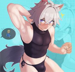 Rule 34 | 1boy, animal ears, armpits, bishounen, bulge, cat boy, cat ears, cat tail, champchidi, commentary, dotted background, english commentary, hair between eyes, highres, male focus, male pregnancy, midriff, purple eyes, seth lowell, tail, tank top, toned, toned male, zenless zone zero