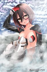 1girl android arm_up black-framed_eyewear blush breasts brown_hair colored_tips ex_idol glasses gradient_hair hair_between_eyes hand_on_own_head highres hololive knees_up looking_at_viewer mechanical_arms mechanical_legs medium_breasts multicolored_hair nude onsen open_mouth outdoors partially_submerged red_hair roboco-san short_hair sitting snow solo steam stone sweat twitter_username virtual_youtuber yellow_eyes