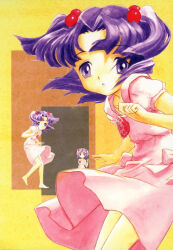 Rule 34 | 1girl, aged down, bare legs, clannad, cowboy shot, dress, full body, hair ornament, highres, ichinose kotomi, kitanohara noriyuki, looking at viewer, official art, open mouth, pink dress, purple eyes, purple hair, scan, simple background