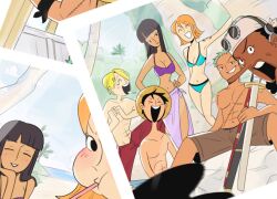 Rule 34 | &gt; &lt;, 2girls, 5boys, ^ ^, bikini, black hair, blonde hair, blunt bangs, blush, brown shorts, cesel, cigarette, closed eyes, commentary, curly eyebrows, dark-skinned male, dark skin, head rest, long nose, looking at viewer, medium hair, monkey d. luffy, multiple boys, multiple girls, nami (one piece), nico robin, one piece, orange hair, photo (object), purple bikini, roronoa zoro, sanji (one piece), sarong, shorts, straw hat pirates, swimsuit, tony tony chopper, topless male, usopp