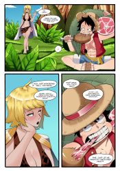 1boy 1girl absurdres amazon_lily amazon_warrior blonde_hair blush breasts comic dialogue_box eating highres kinjero large_breasts marguerite_(one_piece) monkey_d._luffy one_piece short_hair