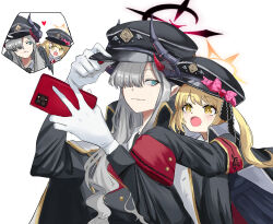 Rule 34 | :d, absurdres, armband, black bow, black hat, black jacket, blonde hair, blue archive, blue eyes, bow, cellphone, closed mouth, commentary request, demon horns, gloves, grey hair, hair bow, hair over one eye, handa vega, hat, hat bow, heart, highres, holding, holding phone, horns, ibuki (blue archive), jacket, jacket on shoulders, long hair, long sleeves, makoto (blue archive), open clothes, open jacket, open mouth, peaked cap, phone, pink bow, pointy ears, side ponytail, simple background, sleeves past fingers, sleeves past wrists, smile, upper body, very long hair, white background, white gloves