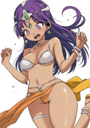 1girl anklet bikini blush bracelet breasts choker cleavage collarbone dancer dark_skin dragon_quest dragon_quest_iv earrings harem_outfit jewelry long_hair looking_down medium_breasts minea_(dq4) muramasa_mikado open_mouth orange_sandals pelvic_curtain purple_eyes purple_hair sandals square_enix standing standing_on_one_leg surprised sweat swimsuit thigh_strap tiara white_background white_bikini wind wind_lift