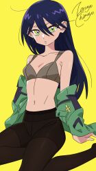 1girl absurdres artist_name bare_shoulders black_hair blush bra brown_bra brown_pantyhose green_eyes green_jacket gundam gundam_gquuuuuux hair_between_eyes highres jacket long_hair looking_at_viewer multicolored_eyes navel no_pants nyaan_(gundam_gquuuuuux) off_shoulder open_clothes open_jacket panties panties_under_pantyhose pantyhose parted_lips sitting solo underwear yellow_background yellow_eyes zetsuyo_chimayo