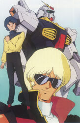 1980s_(style) 2boys black_hair gradient_background gundam gundam_mk_ii highres kamille_bidan key_visual kitazume_hiroyuki looking_at_viewer mecha mobile_suit mullet multiple_boys official_art oldschool promotional_art quattro_bajeena retro_artstyle robot scan sunglasses sweater traditional_media uniform v-fin vest zeta_gundam