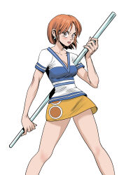 Rule 34 | 1girl, absurdres, bare arms, bare legs, blue shirt, blush, breasts, cleavage, clima-tact, closed mouth, collarbone, earrings, feet out of frame, fighting stance, hair behind ear, highres, holding, holding staff, jewelry, kikomauriz, lips, looking at viewer, medium breasts, miniskirt, nami (one piece), nami (one piece) (east blue), one piece, orange hair, pink lips, shirt, short hair, short sleeves, skirt, solo, staff, striped clothes, striped shirt, two-tone shirt, v-neck, white background, white shirt, yellow skirt