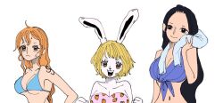 Rule 34 | 3girls, animal ears, arm tattoo, bikini, black hair, blonde hair, blue bikini, carrot (one piece), commentary request, eyelashes, long hair, looking at viewer, multiple girls, nami (one piece), nico robin, one piece, orange hair, rabbit ears, rabbit girl, short hair, simple background, swimsuit, tattoo, tenteko mm, towel, upper body, white background