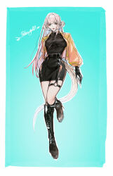 1girl au_ra belt black_belt black_boots black_gloves black_skirt black_sweater blue_background blue_eyes boots border closed_mouth final_fantasy final_fantasy_xiv full_body gloves high_heel_boots high_heels highres horns jacket leather leather_gloves liz_gray long_hair looking_at_viewer miniskirt monster_girl o-ring o-ring_thigh_strap open_clothes open_jacket orange_jacket pink_hair signature skirt solo standing standing_on_one_leg sweater tail thigh_strap warrior_of_light_(ff14) white_border