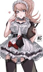 1girl alternate_costume apron black_dress black_necktie black_thighhighs blonde_hair bow breasts cleavage collarbone danganronpa:_trigger_happy_havoc danganronpa_(series) dress enmaided enoshima_junko frills hands_up heart highres holding large_breasts long_hair maid maid_headdress mi_mi_mi_(mi_danron) necktie ponytail puffy_short_sleeves puffy_sleeves red_bow red_nails short_dress short_sleeves simple_background solo thighhighs white_background white_necktie