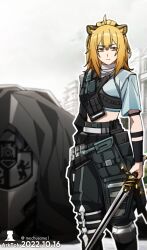 1girl animal_ears arknights blonde_hair chinese_commentary commentary_request dated dated_commentary holding holding_sword holding_weapon midriff mochusama short_sleeves siege_(arknights) siege_(city_destroyer)_(arknights) solo sword watermark weapon