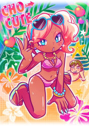 1boy 1girl arrow_(symbol) bead_bracelet bead_necklace beads bikini blonde_hair blue-framed_eyewear blue_eyes blue_footwear blue_nails bracelet breasts bright_pupils colorful commentary_request cross cross_necklace dark-skinned_female dark_skin english_text eyeshadow eyewear_on_head flip-flops flower ganguro gyaru heart heart-shaped_eyewear hibiscus jewelry kneeling leaf lipgloss looking_at_viewer makeup manba_gyaru medium_breasts medium_hair nail_polish navel necklace original pink_bikini pink_eyeshadow pink_lips rinya_(ri0_0ya) sandals shiny_skin side_ponytail solo_focus starfish striped_bikini striped_clothes sunglasses sweat swimsuit toeless_footwear tropical tsurime white_bikini white_pupils