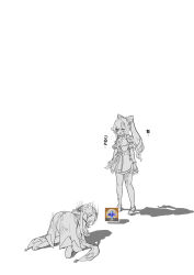 Rule 34 | 2girls, all fours, commentary request, cone hair bun, double bun, dress, gameplay mechanics, genshin impact, gloves, hair bun, highres, keqing (genshin impact), long hair, lucifina 006, lumine (genshin impact), multiple girls, open mouth, prostration, shadow, shoes, skirt, standing, twintails