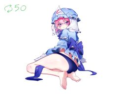 1girl ass barefoot blue_kimono blue_panties blush closed_mouth full_body hair_between_eyes hat highres japanese_clothes kimono legs long_sleeves looking_at_viewer medium_hair on_floor panties pink_eyes pink_hair puffy_sleeves ribbon saigyouji_yuyuko sia_6767 solo touhou underwear veil white_background