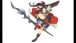 1girl absurdres armor bare_legs black_boots black_hair blue_kimono boots breasts cleavage fangs floral_print green_eyes hair_ribbon hannya haori highres holding holding_polearm holding_sword holding_weapon horns japanese_armor japanese_clothes kimono kote kurokote large_breasts long_hair mask murakumo_(senran_kagura) neck_ribbon noh_mask non-web_source official_art open_mouth pillarboxed polearm red_haori red_ribbon ribbon senran_kagura senran_kagura_burst_re:newal side_ponytail solo spear sword weapon white_background yaegashi_nan