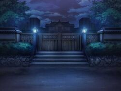 Rule 34 | artist request, building, bush, cloud, fence, game cg, gate, lantern, magia record: mahou shoujo madoka magica gaiden, mahou shoujo madoka magica, night, night sky, no humans, official art, path, road, scenery, shrine, sky, stairs, street, tree